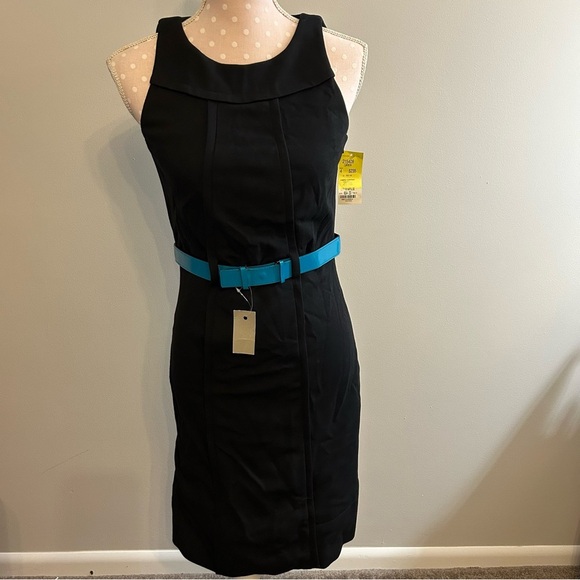 Carbon Black Sheath Dress with Blue Accent Belt A3 - Picture 2 of 11